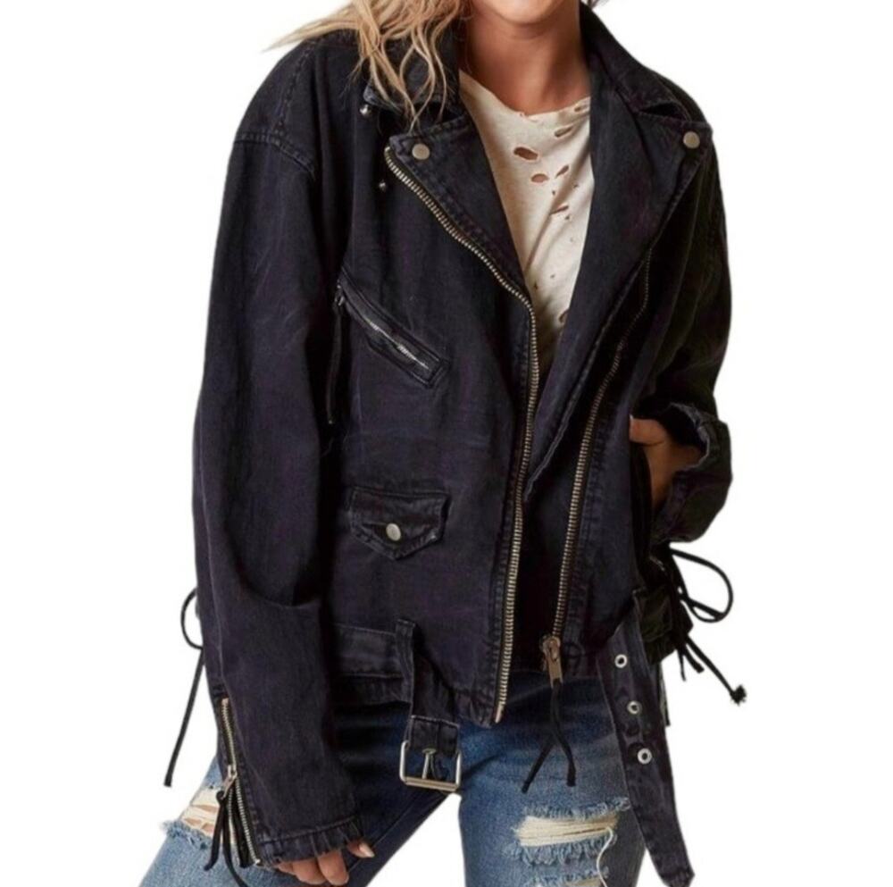 Free People black denim moto jacket Size Large Retro Biker Indie Grunge